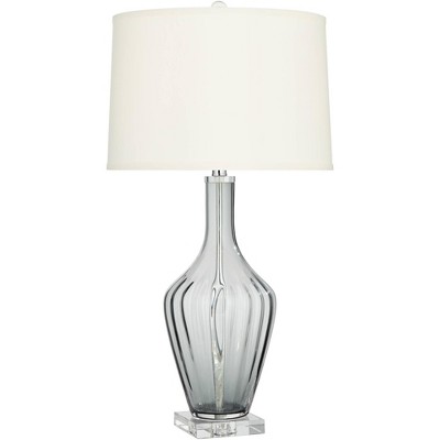 Possini Euro Design 30" Tall Large Modern End Table Lamp Smoke Gray Fluted Glass Single White Shade Living Room Bedroom Bedside Nightstand House