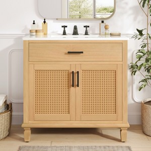Christopher Knight Home Behram Modern 36" Rattan and Wood Bathroom Vanity with Ceramic Sink and 3 Drawers - 1 of 4