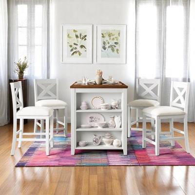 5-Piece Counter Height Dining Table Set with 4 Upholstered Chairs, Wood Kitchen Table with 3-Tier Storage Shelf for Dining Room or Small Space