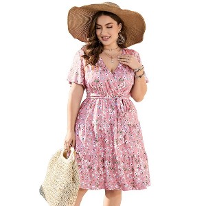 BLUEMING Plus Size Womens Dresses V Neck Floral Flutter Sleeve Midi Surplice Dress Waist Belted Floral Tie Waist Dress Bell Sleeve Dress Flowy Dress - 1 of 4