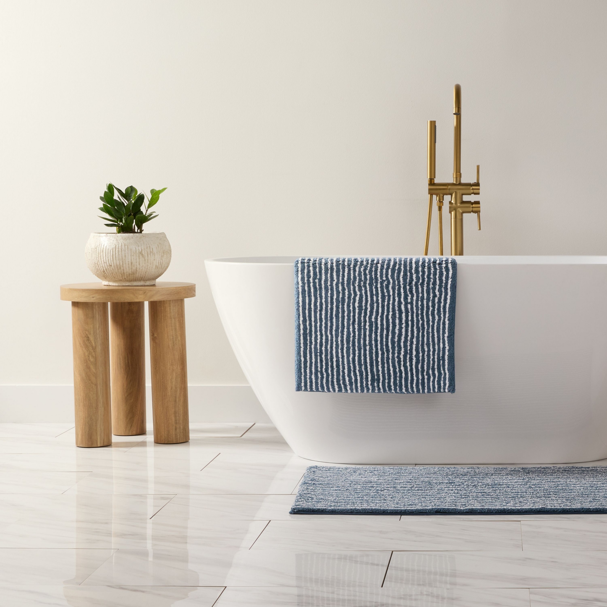 Luxury Cotton Pinstripe Bath Mat, Thick Tufted Bath Rug, Absorbent Non Slip Spa Bathroom Rug, Machine Washable - Becky Cameron, Navy, 34" x 21"