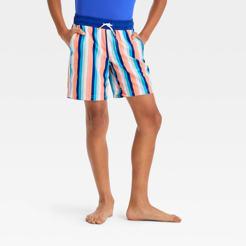 Boys' Striped Swim Shorts - Cat & Jack™ Blue/Orange, 1 of 5