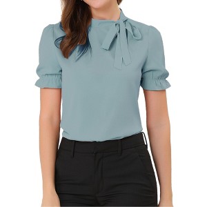 INSPIRE CHIC Women's Bow Tie Neck Solid Color Elastic Cuffs Elegant Office Short Sleeve Blouse - 1 of 4