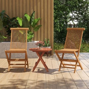 Costway 3PCS Patio Bistro Set Round Table Indonesia Teak Wood Folding Chair Slatted Tabletop Seat - 1 of 4