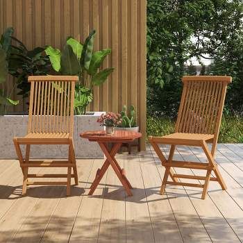 Costway 3PCS Patio Bistro Set Round Table Indonesia Teak Wood Folding Chair Slatted Tabletop Seat