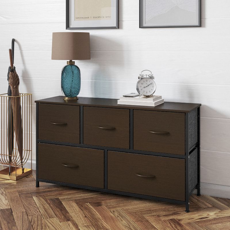 Flash Furniture Harris 5 Drawer Vertical Storage Dresser with Cast Iron Frame, Wood Top, and Easy Pull Fabric Drawers with Wooden Handles, 2 of 12
