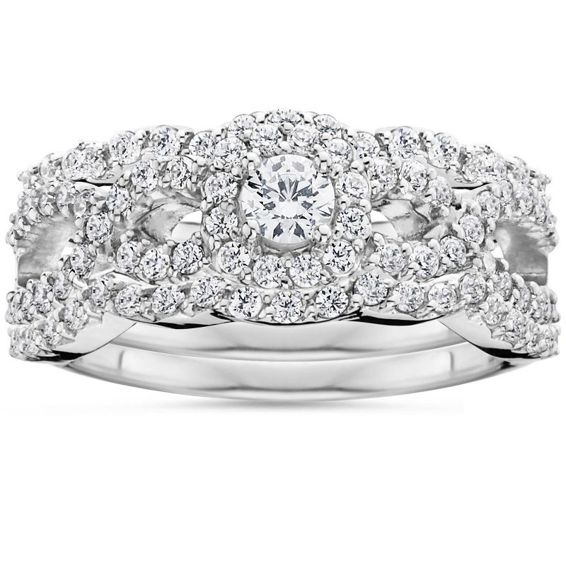 Pompeii3 1 1/10Ct Diamond Engagement Bridal Wedding Ring Set 10K White Gold, 1 of 6