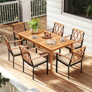 Costway 7 PCS Patio Acacia Wood Dining Set with Soft Seat Cushions Umbrella Hole Outdoor - 1 of 4