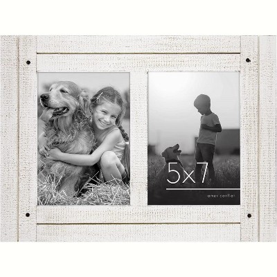 Americanflat Collage Picture Frame in with Two Displays Textured Wood and Polished Glass for Wall and Tabletop - White 5" x 7"