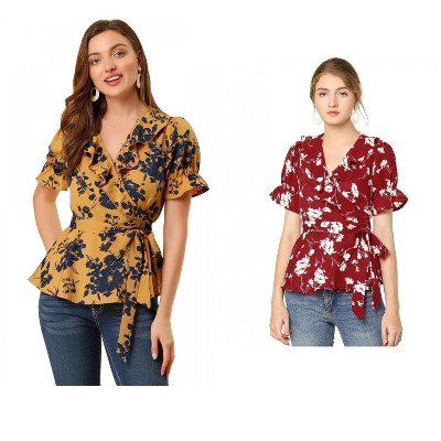 INSPIRE CHIC Women's Floral V Neck Tie Waist Belted Ruffle Wrap Shirt 2 Pcs