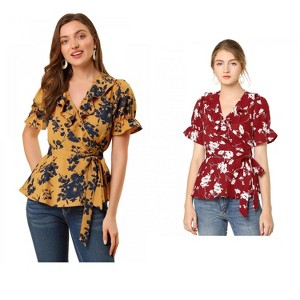 INSPIRE CHIC Women's Floral V Neck Tie Waist Belted Ruffle Wrap Shirt 2 Pcs - 1 of 4