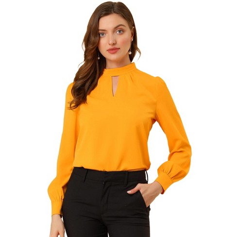 Yellow Acetate Satin Chiffon 3 4 Sleeve Shirts For Women High End Summer  Office And Formal Work Top From Bai04, $21.99