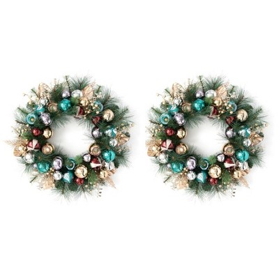 Sullivans Set of 2 Artificial Pine and Ornament Wreath 28"H Green