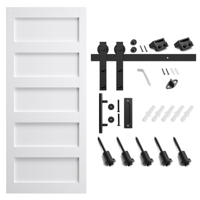 SMARTSTANDARD 84 in. Height White Barn Door with 5FT Sliding Door Hardware Kit & Handle - Predrilled, Water-Proof, Ready to Assemble, 5-Panel
