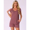 INSPIRE CHIC Women's 2 Piece Lounge Set Knit Short Sleeve Tee and Shorts Pajama Set with Pockets - 2 of 4