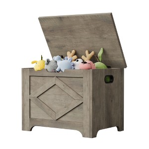 23.6" Wooden Storage Bench with Safety Hinge, Chair, Farmhouse Toy Chest & Entryway Bench, Grey/Rhombus - 1 of 4
