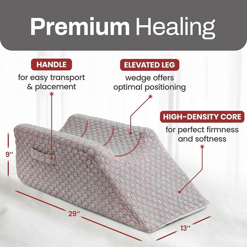 Allsett Health Memory Foam Single Leg Elevation Pillow | Luxurious Jacquard Plush Washable Cover | Post Surgery Support Pillow for Injuries- Grey, 5 of 7