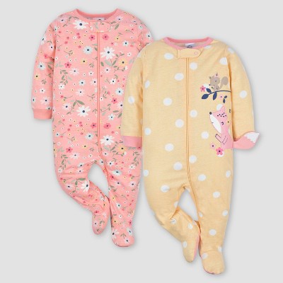 Image of Gerber Baby 2pk Zip-Front Floral Sleep N' Play - Yellow/Orange 3-6M