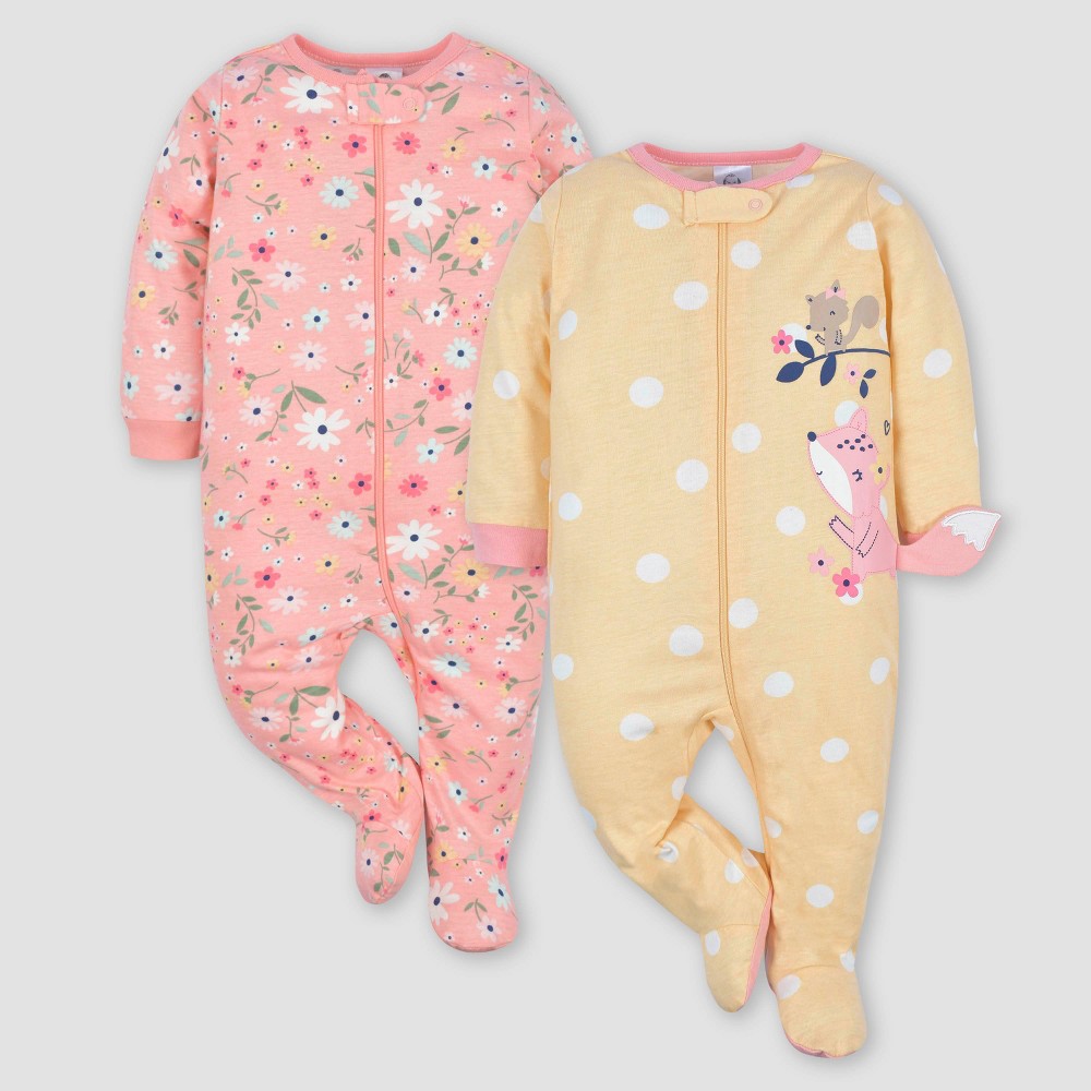 Gerber Baby Girls' 2pk Zip-Front Floral Sleep N' Play - Yellow/Orange 6-9M