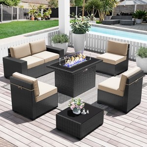 LayinSun 7 Pieces Outdoor Patio Furniture Set with 44" Fire Pit Table Rattan Sectional Sofa Conversation Sets - 1 of 4