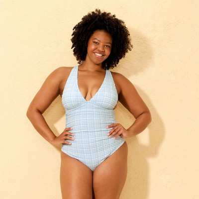 Shade & Shore Women's Gingham Pucker Plunge Full Coverage One Piece Swimsuit - Shade & Shore™ Blue M — фото 4
