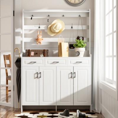 Modern Decorative Storage Cabinets,Storage Cabinet For Shoes,With Four-Door,Coat Rack,3 Drawers,8 Shelves,Metal Hooks And Handles-Cuddlewood