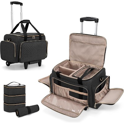 Rolling Makeup Case with 3 Removable Pouches and 1 Makeup Brush Bag, Large Makeup Bag Cosmetic Bag with Detachable Dolly