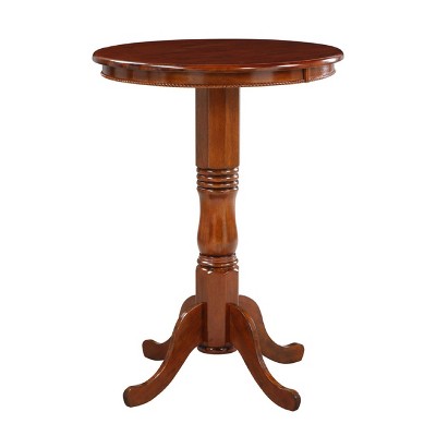 32" MDF Wood Round Pub Bar Table with Classic Turned Pedestal Walnut Brown - Benzara