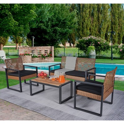 LOVMOR 4-Piece Morden Patio Furniture Set, Acacia Wood Table Top, for Outdoor Balcony, Porch, Garden, Backyard, Lawn, Black & Light Brown