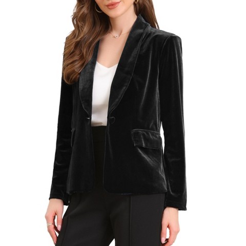 INSPIRE CHIC Women's Velvet Shawl Collared Long Sleeve Button Down with Pockets Business Blazer Small Black