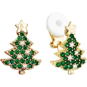 Green Crystal Christmas Tree Clip-On Earrings, Gold Tone Stud Design. - 1 of 4