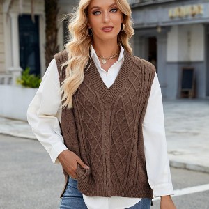 Oversized Sweater Vest for Women V Neck Sleeveless Solid Color Loose Pullover Sweater - 1 of 4