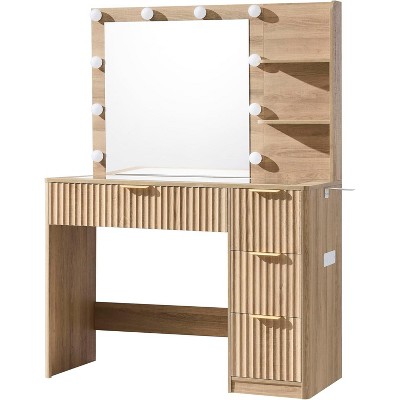 AMERLIFE 36" Makeup Vanity Desk with Mirror & LED Lights, 4 Drawers, Tempered Glass Top, Charging Station, Modern Bedroom Dressing Table, Natural Oak
