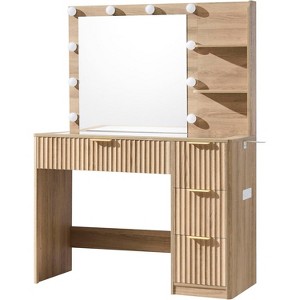 AMERLIFE 36" Makeup Vanity Desk with Mirror & LED Lights, 4 Drawers, Tempered Glass Top, Charging Station, Modern Bedroom Dressing Table, Natural Oak - 1 of 4