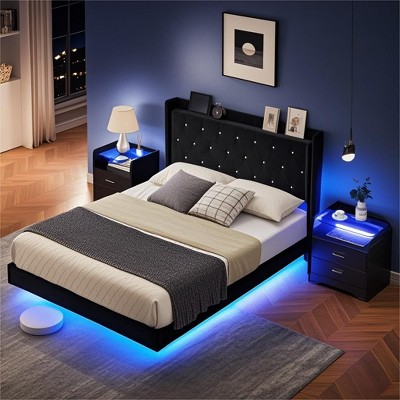 Homhougo Floating Bed Frame Full Size with LED Lights, Upholstered Platform Bed Frame Black