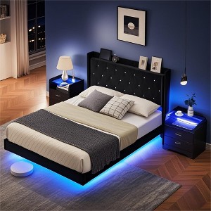 Homhougo Floating Bed Frame Full Size with LED Lights, Upholstered Platform Bed Frame Black - 1 of 4