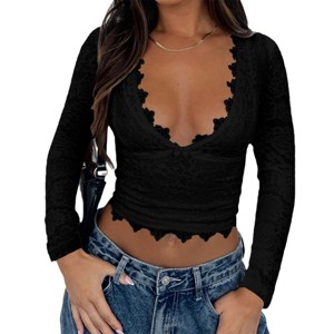 Women's Floral Lace Long Sleeve Crop Top Deep V Neck Low Cut Slim Fit Spring Fall Shirt Going Out Tops - 1 of 4