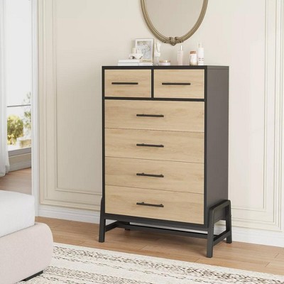 Wooden 4+2 Dresser for Bedroom, 46.6" Tall Drawer Dresser With Storage Freestanding, Closet Dresser for Living Room, Bedroom, Natural Oak+Black