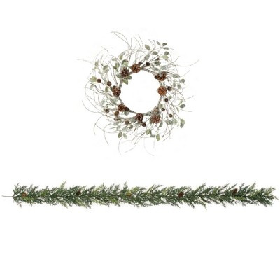 Sullivans Artificial Iced Arborvitae 30"H Wreath and 6'L Garland Set, Green and Black