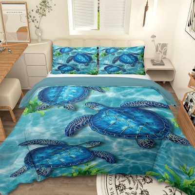 Boersma Sea Turtle Duvet Cover Set, 100% Microfiber Blue Sea Turtle and Seaweed Pattern Bedding Set Full Size, 3 Piece Ocean Turtle Themed Duvet Cover