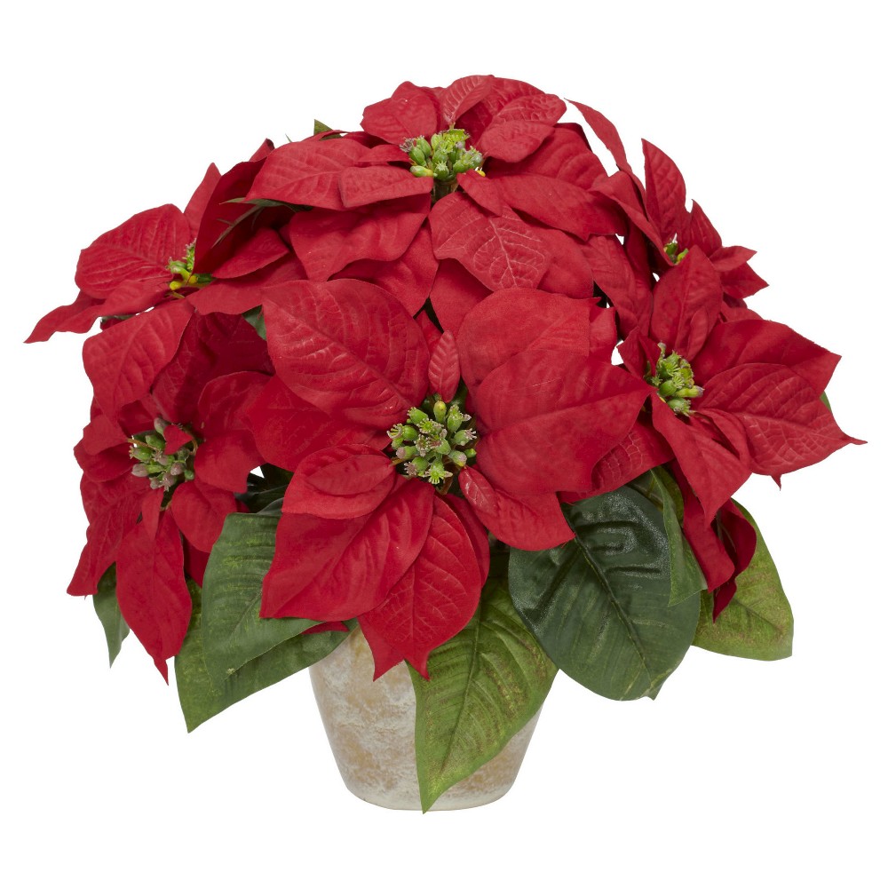 Poinsettia with Ceramic Vase Silk Flower Arrangement - Nearly Natural Add some shine to your holiday with this attractive re-creation of a lush poinsettia, held aloft by a beautiful metal planter. The dark reds and verdant greens are perfect accompaniments to the sheen of the metal planter, and together, they just radiate festivity. But one for your home, and several as gifts for those “hard to buy for” people in your life (because really, everyone loves a poinsettia – especially one you don’t have to water!) Silk arrangements are manufactured using synthetic materials, such as polyester material or plastic, and are well designed and constructed to be life-like in appearance. This item may need to be re-shaped when removed from the secure box to allow it to reach its fullest size. Your arrangement will look beautiful for years to come; simply wipe clean with a soft dry cloth when needed. Measurements are from the bottom of the vase to the furthest extended leaf or branch on the tree. Width dimensions are also calculated from each furthest outstretched dimension. MATERIALS: Polyester material, plastic, Iron, Ceramic Color: One Color.