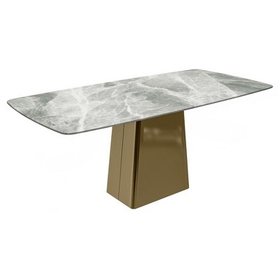 LeisureMod Quinix Modern Rectangular Dining Table for 4 to 8 People with Glass/Sintered Stone Top and Gold Stainless Steel Base