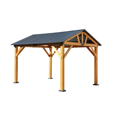 9X11 FT Pavilion Grill Gazebo with Steel Gable Roof,Hardtop Fir Wood Outdoor Patio Gazebo Shelter,All Weather Metal Backyard Gazebo-Coolbibila