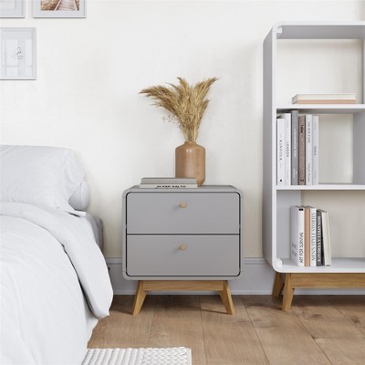 Gray Scandinavian 2-Drawer Nightstand with Natural Wood Legs