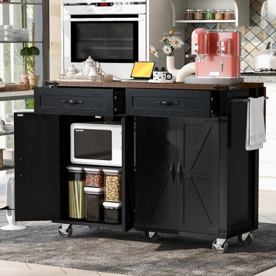 JUJABU 53.5''Farmhouse Kitchen Island with Power Outlet, Drop Leaf, Spice Rack and Drawer