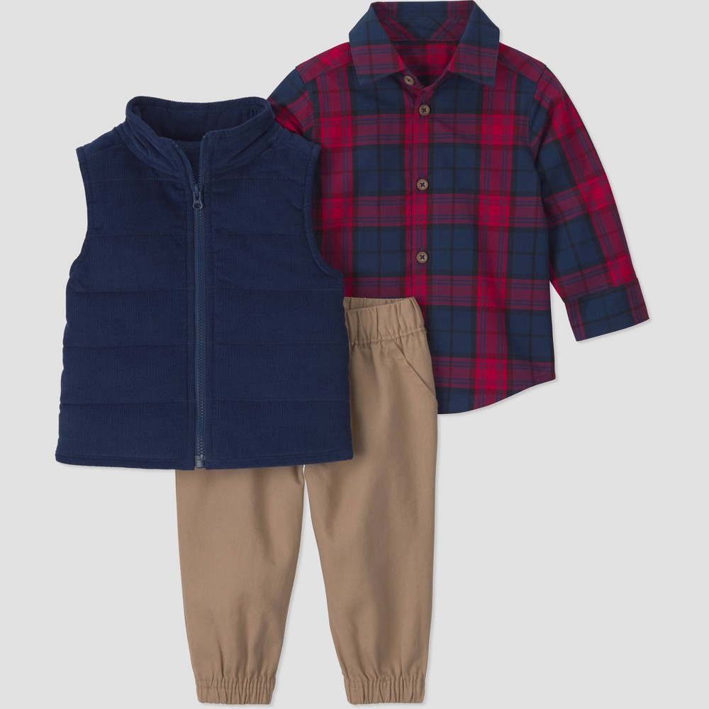 Carter's Just One You® Baby Boys' 3pc Christmas Plaid Button-Down, Joggers, and Vest Set - Red/Navy Blue 3M