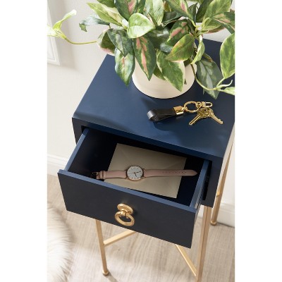 Navy Blue and Gold Rectangular Tea Table with Storage Drawer