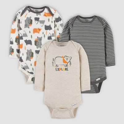 Image of Gerber Baby Boys' 3pk Bears Long Sleeve Onesies - Off-White/Gray/Cream 0-3M