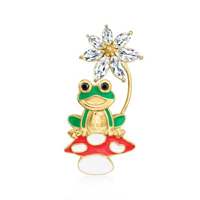 Ross-Simons 2.60 ct. t.w. White Topaz and .10 ct. t.w. Black Spinel Sitting Frog Pin/Pendant With Multicolored Enamel in 18kt Gold Over Sterling Size