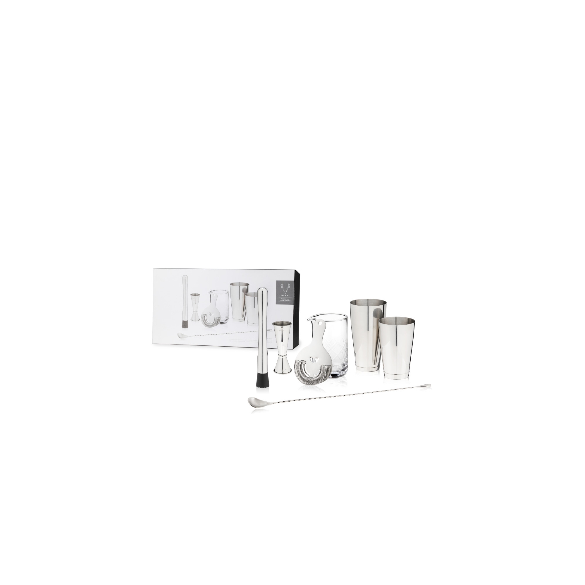 Viski Stainless Steel Barware Essentials, 7-Piece Set, Shaker Tins, Mixing Glass, Strainer, Muddler, Jigger, Bar Spoon, Home Bar Gifts for Men, Silver